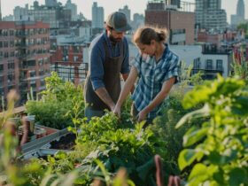 Urban gardeners tending rooftop plants