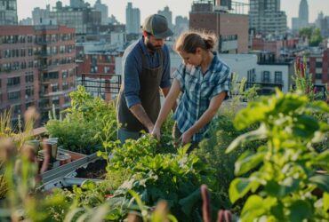 Urban gardeners tending rooftop plants