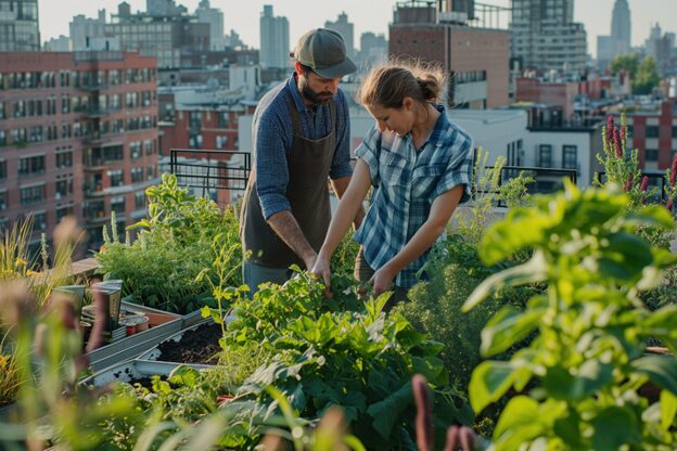 Urban gardeners tending rooftop plants
